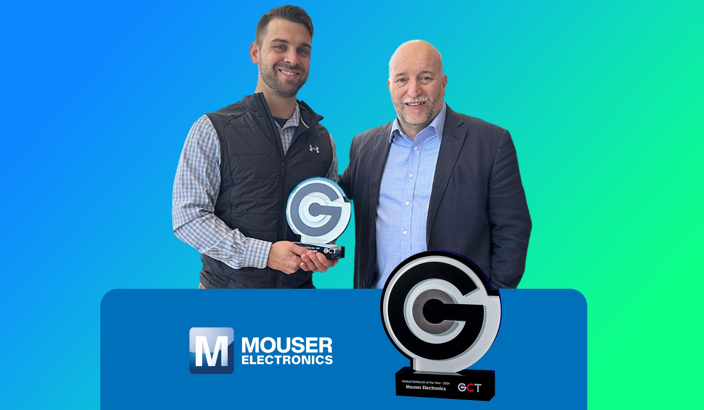 Ryan Virostek, Corporate Supplier Manager at Mouser, receives the Distributor of the Year Award from Richard Clark, Global Distribution Manager at GCT • Photo Credit: Mouser Electronics